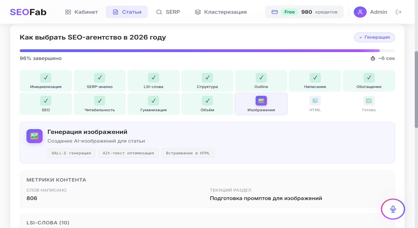 Процесс генерации SEO-статьи в SeoFab — 14 этапов в реальном времени