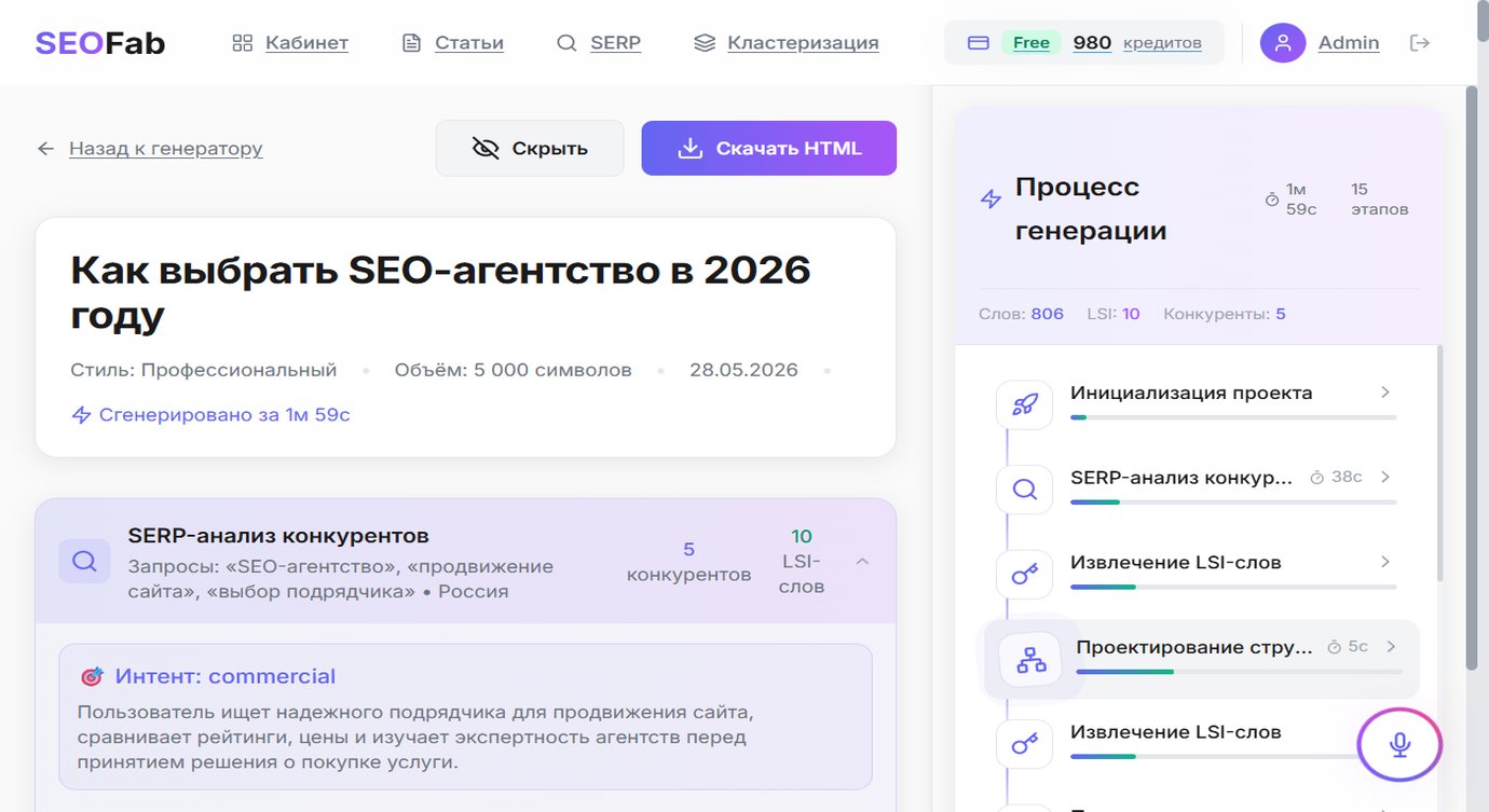 Готовая SEO-статья SeoFab — статья + SERP-анализ + таймлайн генерации