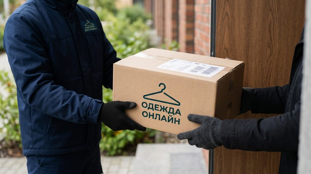 курьер передает посылку с логотипом интернет-магазина одежды покупателю